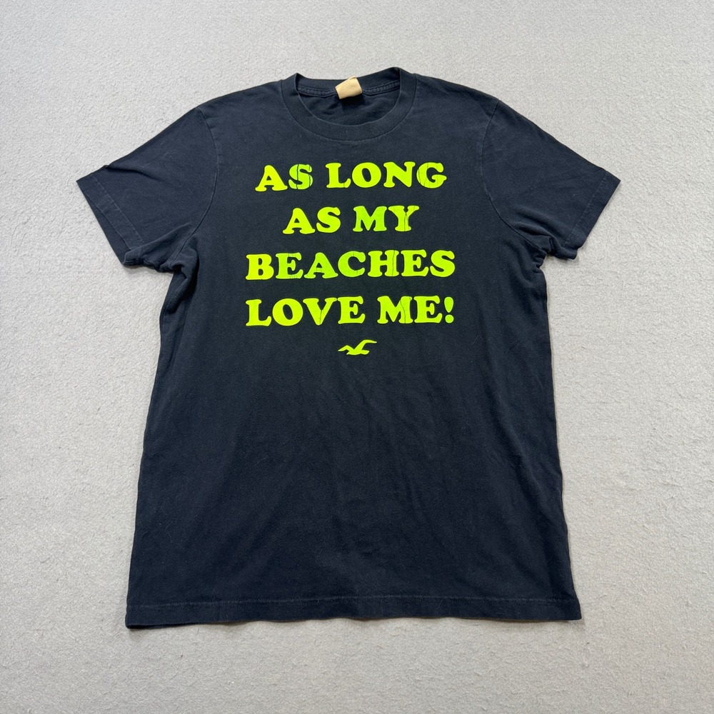 Hollister Graphic T-Shirt Men's Medium Black As Long As My Beaches Love Me Print